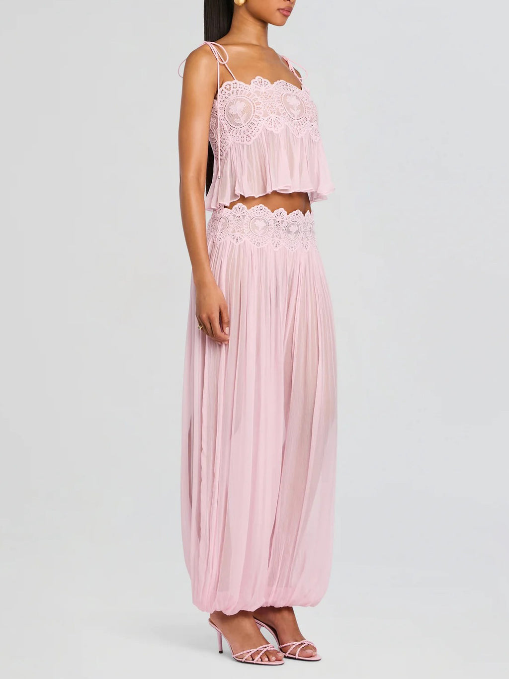 Exquisite Paisley Lace Trim Tie-Front Top Two-Piece Set