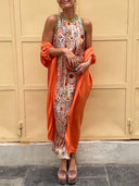 Retro Tile Print Sleeveless Maxi Dress Two Piece Set