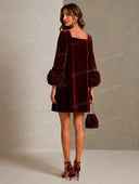 Elegant Velvet Square Neck Floral Cuff Mini Dress
