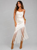 Elegant Ivory Fringe Cowl Neck Midi Dress