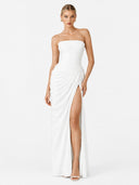 Strapless Pleated Slit Maxi Dress