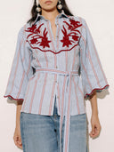 Embroidered Stripe Shirt & Flared Pants Two-Piece Set