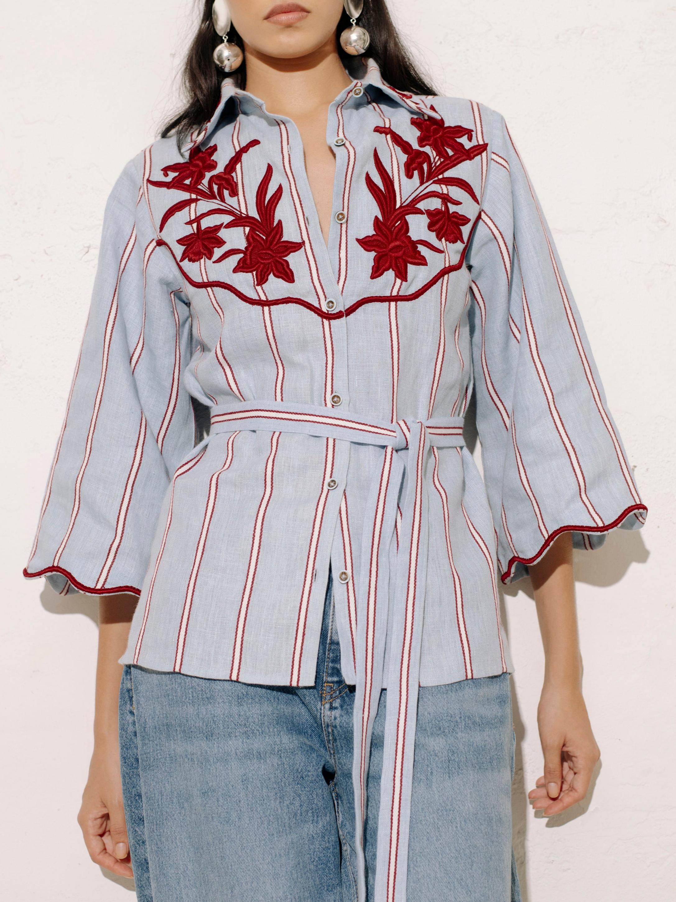 Embroidered Stripe Shirt & Flared Pants Two-Piece Set