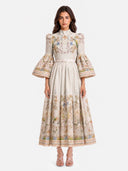 Retro Garden Print Flared Sleeve Midi Dress
