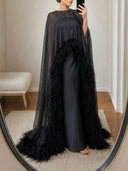 Elegant Feather Trim Chiffon Shawl Black Satin Maxi Dress
