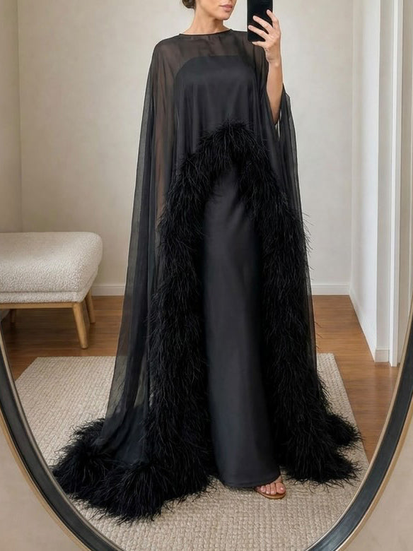 Elegant Feather Trim Chiffon Shawl Black Satin Maxi Dress