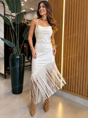 Elegant Ivory Fringe Cowl Neck Midi Dress