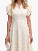 Elegant Floral Textured Puff Sleeve Midi Dress