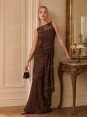 Elegant Floral Embroidered Mesh Ruched Maxi Dress