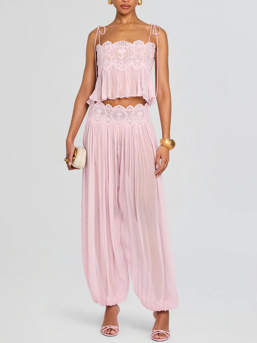 Exquisite Paisley Lace Trim Tie-Front Top Two-Piece Set