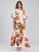 Exquisite Floral Print One Shoulder Puff Sleeve Maxi Dress