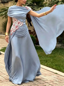 Elegant Draped Floral Applique Cape Chiffon Maxi Dress