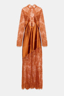 Sexy Lace-Trim Satin Long-Sleeve Maxi Dress