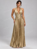 Elegant Metallic Halter Pleated Slit Maxi Dress
