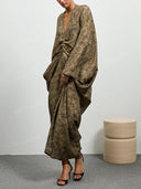 Retro Floral Print Ruched Batwing Sleeve Maxi Dress