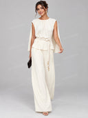 Elegant Cape Sleeve Peplum Top & Wide Leg Pants Two Piece Set