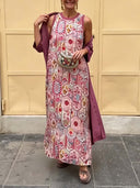 Retro Tile Print Sleeveless Maxi Dress Two Piece Set