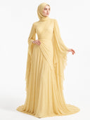 Elegant Pleated High-Neck Cape Sleeve Chiffon Maxi Dress