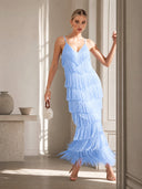 Elegant V-Neck Tiered Fringe Maxi Dress