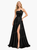 Elegant Strapless Pleated High-Slit Satin Maxi Dress
