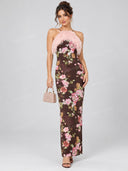 Retro Floral Print Feather Trim Halter Maxi Dress