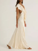 Elegant Plunge V-Neck Ruffle Satin Maxi Dress