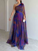 Elegant One-Shoulder Printed Tulle Cape Maxi Dress