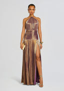 Elegant Metallic Pleated Halter Neck Maxi Dress