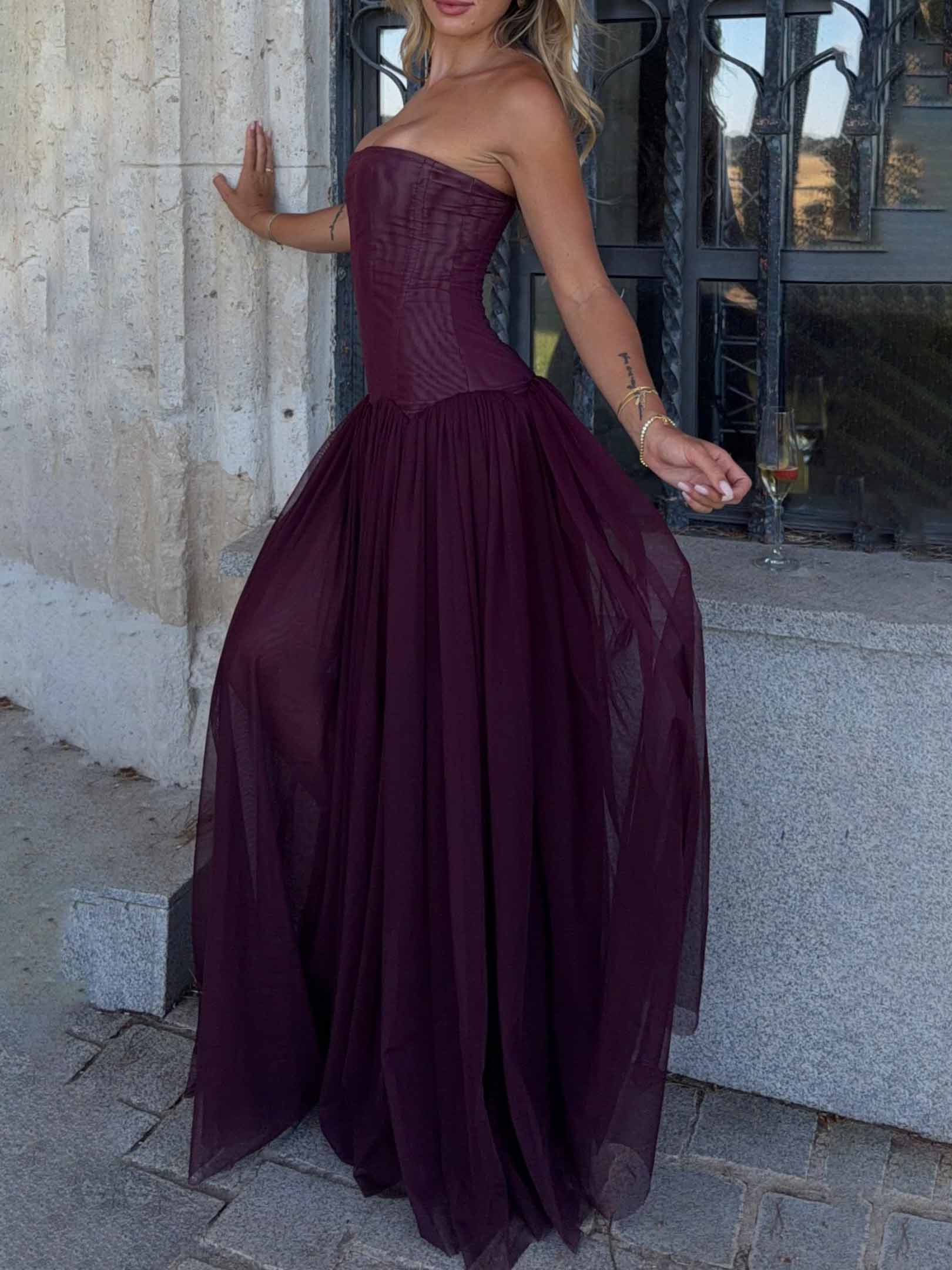 Elegant Strapless Corset Pleated Chiffon Maxi Dress