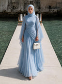 Elegant Pleated High-Neck Cape Sleeve Chiffon Maxi Dress