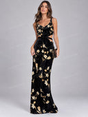 Elegant Velvet Floral Print Cutout Waist Maxi Dress