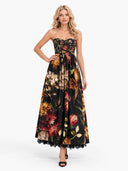 Exquisite Strapless Lace-Trimmed Printed Pleated Midi Dress