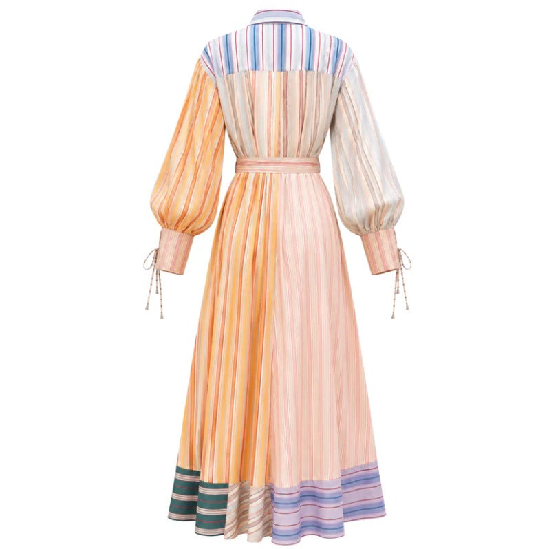 Multicolor Patchwork Stripe Long Sleeve Tie Maxi Shirt Dress