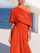 Elegant Asymmetric One Shoulder Pleated Draped Maxi Dress