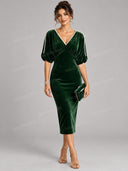 Pearl Trim Velvet V Neck Midi Dress