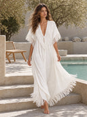 Casual V-Neck Fringe Flowing Maxi Dress