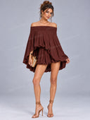 Casual Off Shoulder Cape Top & Bubble Shorts Two Piece Set
