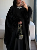 Elegant Feather-Trim Long Cardigan & Maxi Dress Set