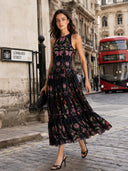 Elegant Backless Printed Layered Chiffon Flowing Maxi Dress