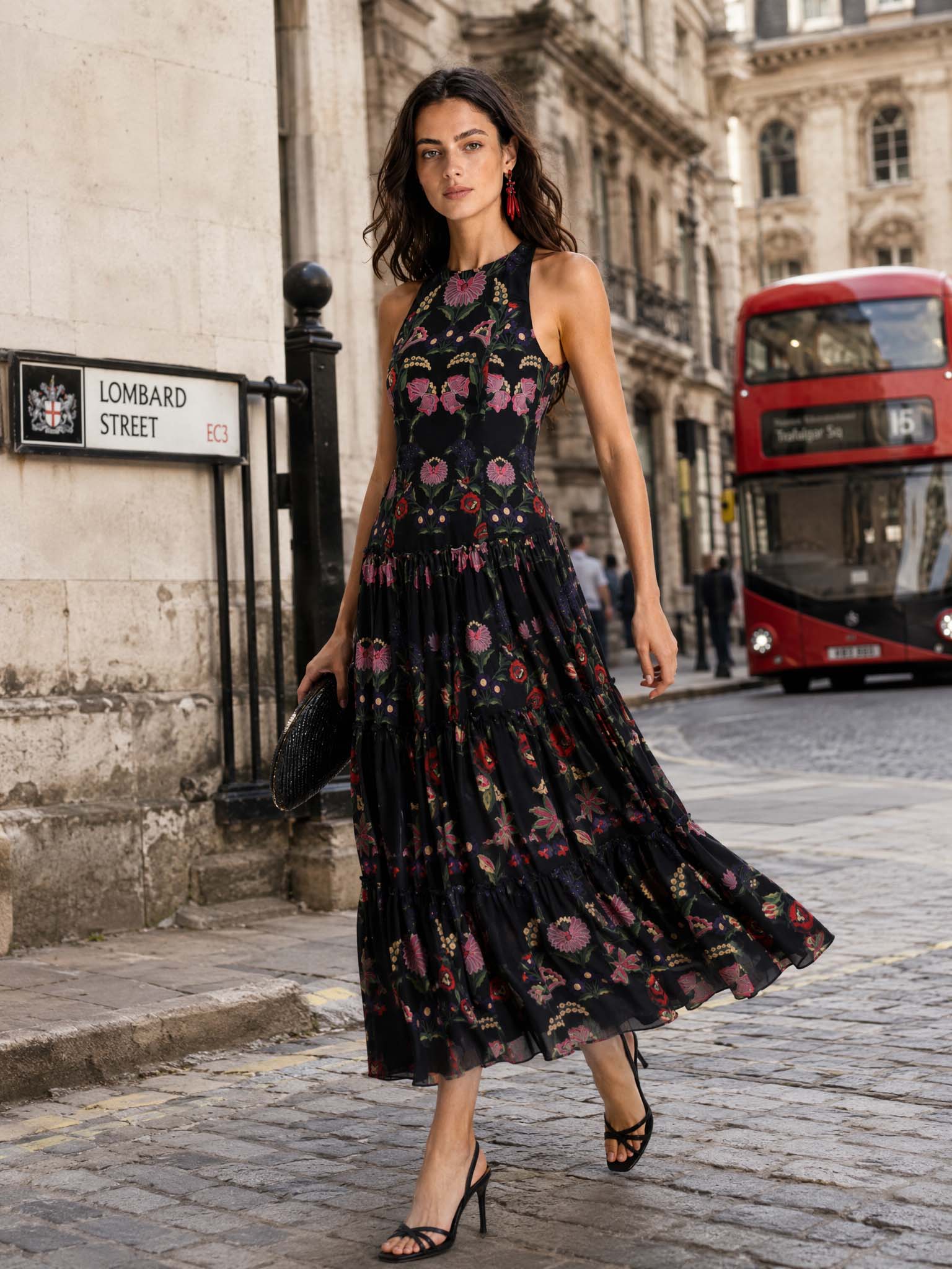 Elegant Backless Printed Layered Chiffon Flowing Maxi Dress