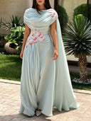 Elegant Draped Floral Applique Cape Chiffon Maxi Dress