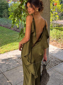 Elegant Satin Draped Cowl Neck Ruffle Maxi Dress