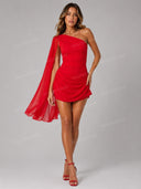Sexy One-Shoulder Draped Cape Bodycon Mini Dress
