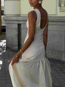 Elegant Faux Leather Ruffle Hem Maxi Dress