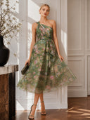 Elegant Floral Print One-Shoulder Chiffon Ruffle Midi Cocktail Dress