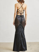 Elegant Sequin Panel Satin Backless Maxi Dress
