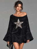 Retro Suede Sequin Star Off-Shoulder Mini Dress