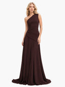 Elegant One-Shoulder Ruched Chiffon Tie-Waist Maxi Dress