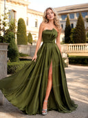 Elegant Strapless Pleated High-Slit Satin Maxi Dress