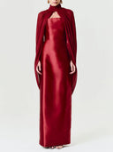 Elegant Satin Strapless Maxi Dress with Chiffon Cape